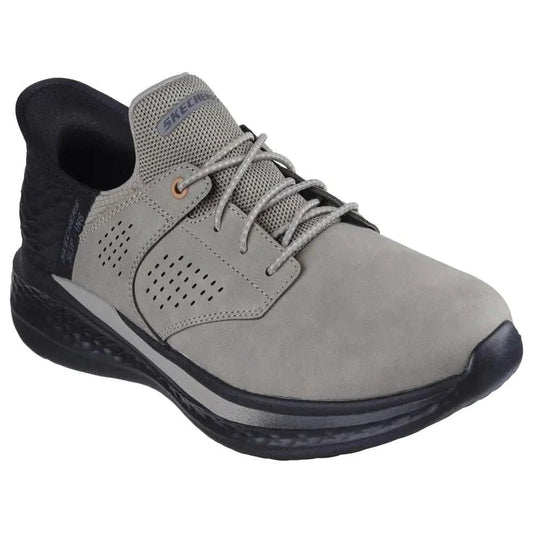 Skechers USA Mens Slade-Macklin gray leather sneaker with air-cooled memory foam insole and supportive cushioning
