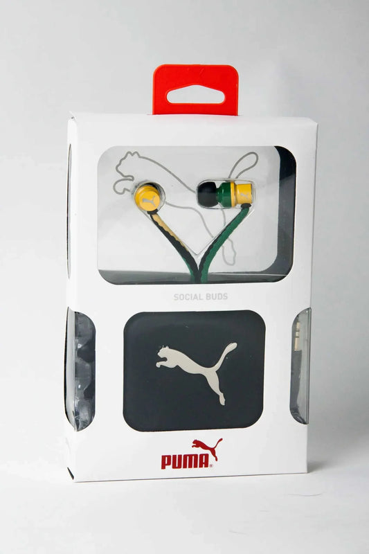 PUMA Wheat PMAD3033JAM 360 Yarn earbud headphones in packaging with yellow and green design and Puma logo