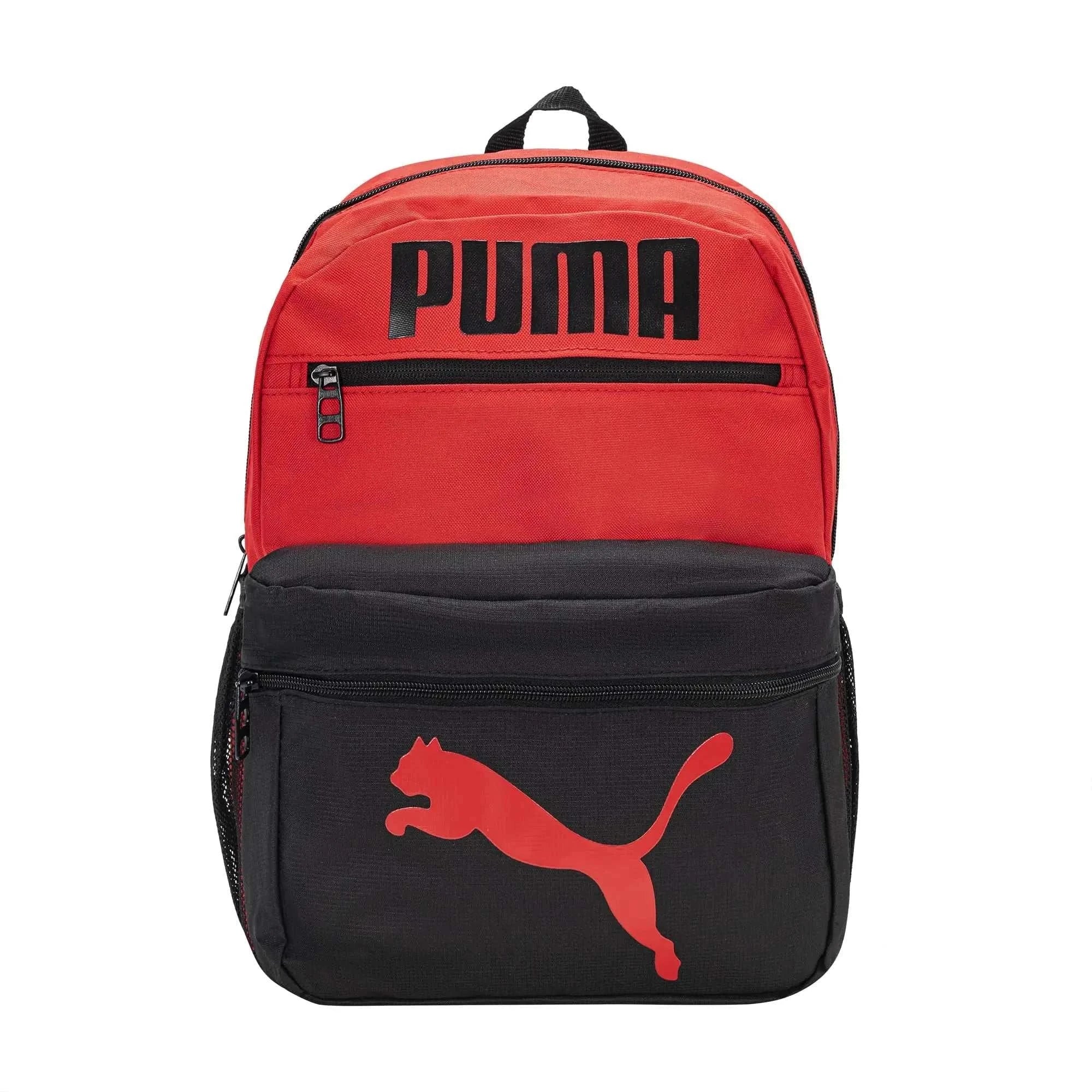 PUMA Kids Meridian Backpack in red and black with bold logo and front zip compartments