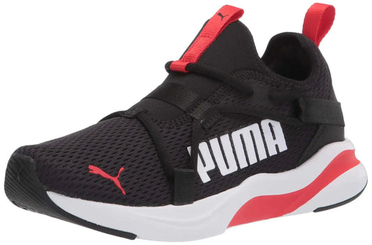 PUMA Softride Rift slip-on kid's shoe in black and red with mesh upper and cushioned EVA sole