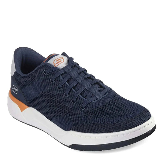Skechers USA Mens Corliss-Dorset navy knitted bungee lace sneaker with memory foam insole and relaxed fit.